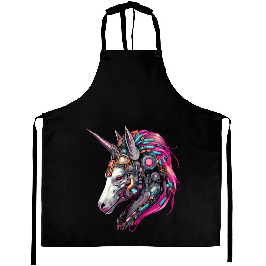 Cool Unicorn Cyborg Robot - Unique Portrait Design Aprons