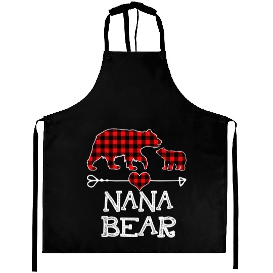 Nana Bear Pajama Red Plaid Buffalo Family Aprons