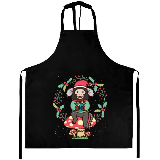 Marmoset Monkey On Mushroom Christmas Wreath Aprons