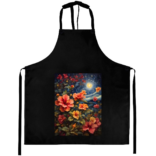 Colorful Hibiscus Under Starry Night Sky Aprons