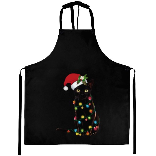 Santa Black Cat Tangled Sup In Christmas Aprons