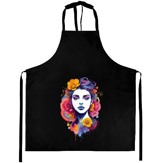 Stylish, bright art. Girl with flowers in her hair Aprons