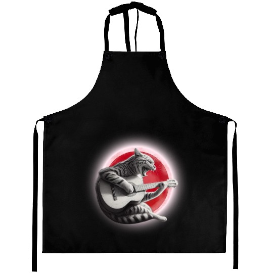 Rock Cat Playing Guitar Aprons under the red moon