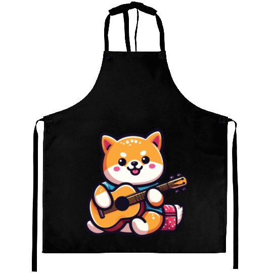 Cute Shiba Inu Playing Guitar Geek Cartoon Aprons