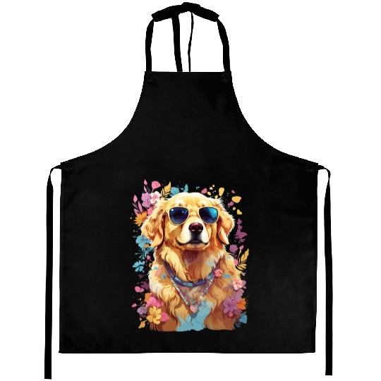 Cool Golden Retriever with Sunglasses and Flowers Aprons