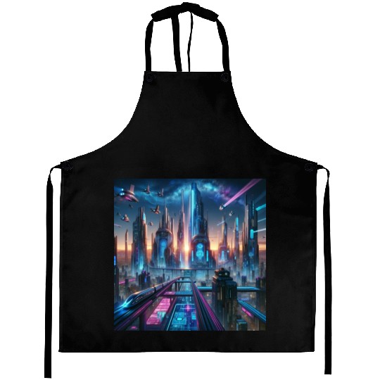 Future Metropolis Neon Cityscape at Night Aprons