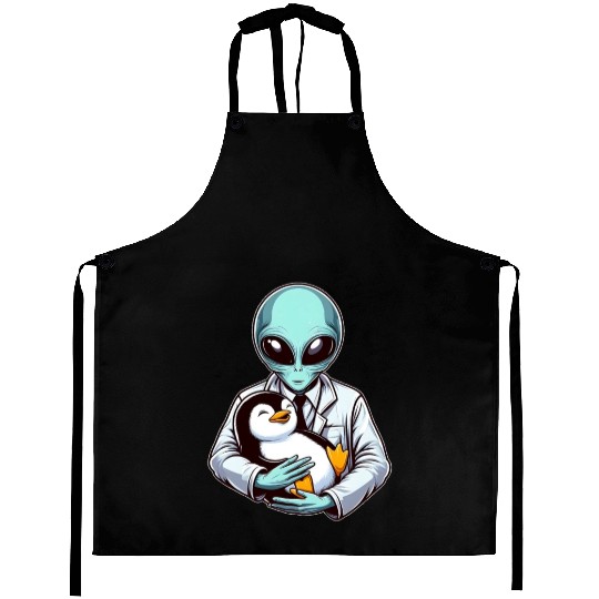 Alien Embracing Penguin Aprons