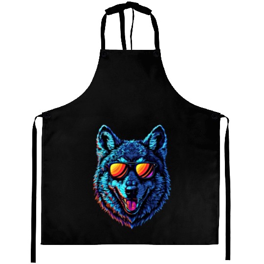 Cool Wolf Face Blue Wolf Wearing Sunglasses Aprons