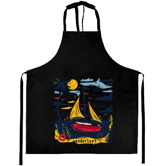 Wanderlust Sailing Boat in The Sea Colorful Print Aprons