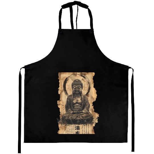 Vintage Papyrus Scroll Japanese Silhouette Buddha Aprons