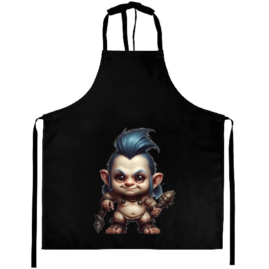 Troll boy warrior with blue hair Aprons