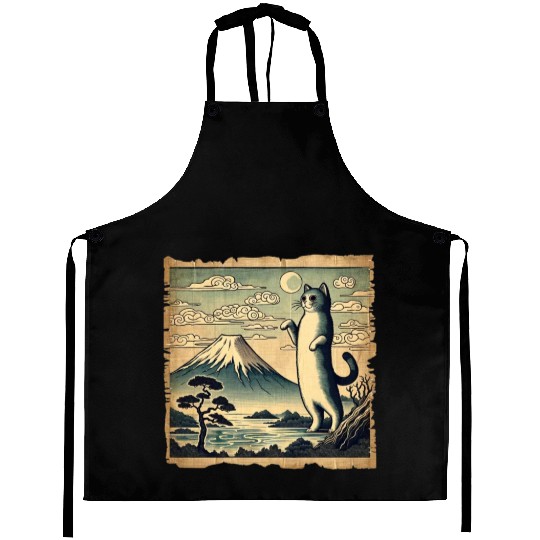 Mt. Fuji Kitten Papyrus Scroll Retro Japanese Art Aprons