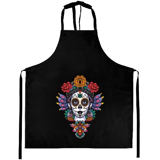 Colorful Calavera Girl Head Mandala Aprons