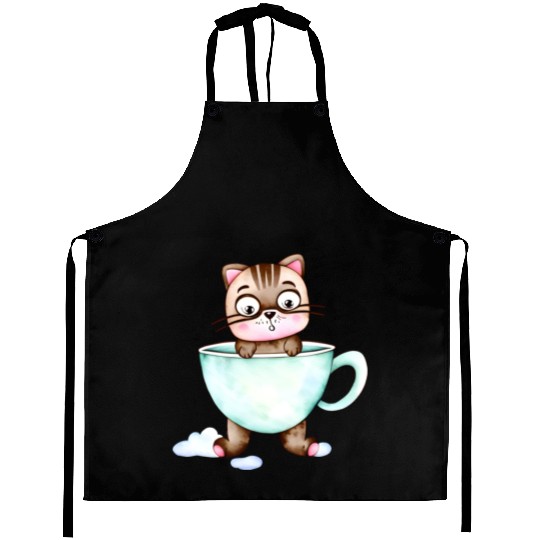 Surprised Silly Cat Wearing Coffee Cup Aprons