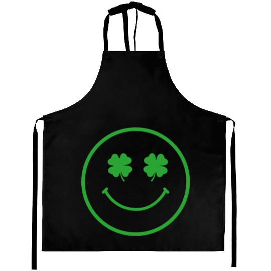 Green shamrock happy face Aprons