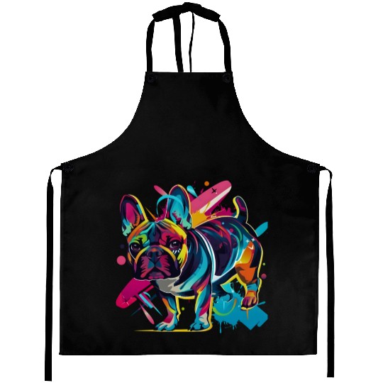 Neon Paws: French Bulldog in 80s Pop Art Style Aprons