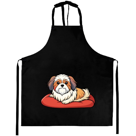 Contented Shih Tzu Lounging on Plush Pillow Aprons
