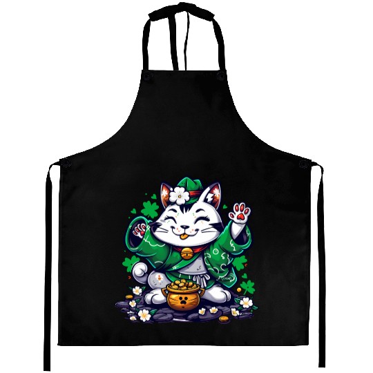 Kawaii St Patricks Day Cat With a Pot Of Gold Aprons