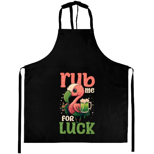 Irish Flamingo St Patricks Rub For Luck Aprons