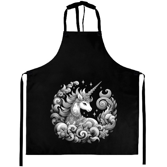 A unicorn black and white with a delicate pattern. Aprons