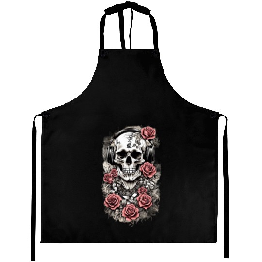 Rock & Roses Aprons: Skull, Roses & music nout