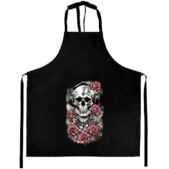 Rock & Roses Aprons: Skull, Roses & music nout