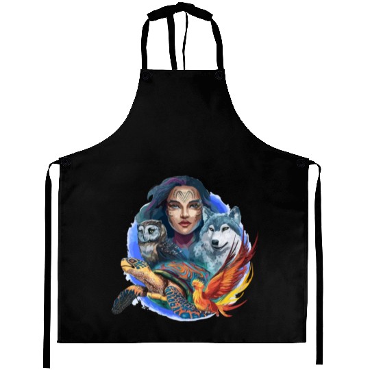 Wildlife Tribal Wolf Owl Turtle Woman for a Aprons