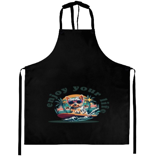 Enjoy Your Life: Yorkie Dog Surfing Premium Cotton Aprons