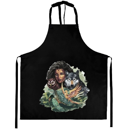 Wildlife Tribal Wolf Owl Turtle Woman for a Aprons