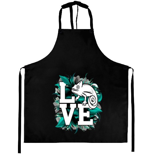 Chameleon Lizard Love Green Teal Text Design Aprons