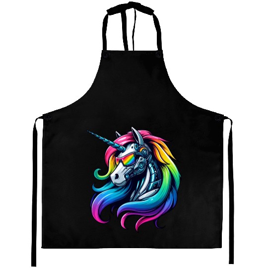 Cool Cyborg Unicorn Rainbow Aprons