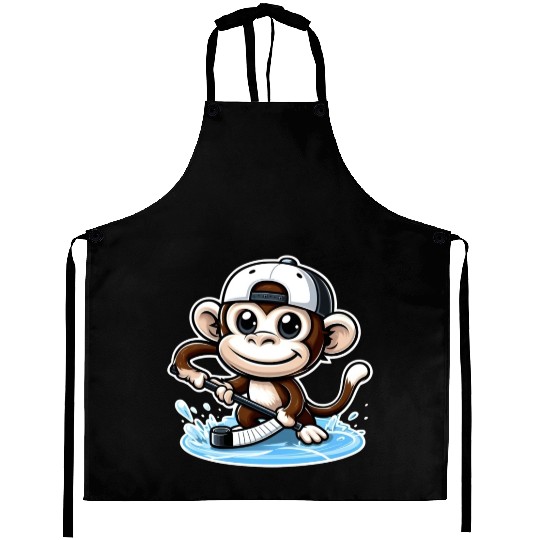 Funny Monkey Playing Hockey Ice Aprons