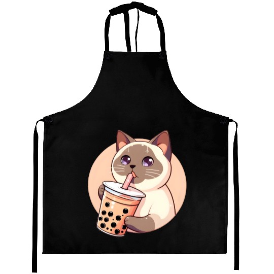 Siamese cat having bubble tea Aprons