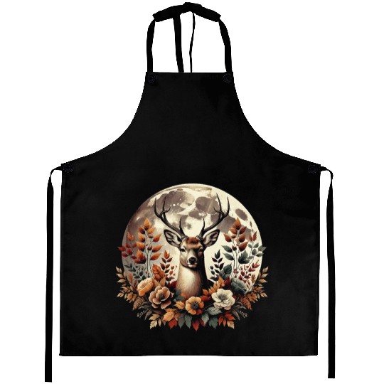 Cottagecore Deer With Flowers In front Of Moon Aprons