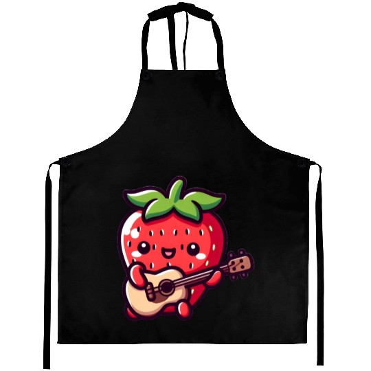 cute strawberry with guitar Aprons