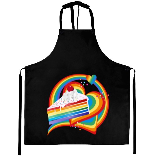 Piece of rainbow cake with cream and cherry Aprons