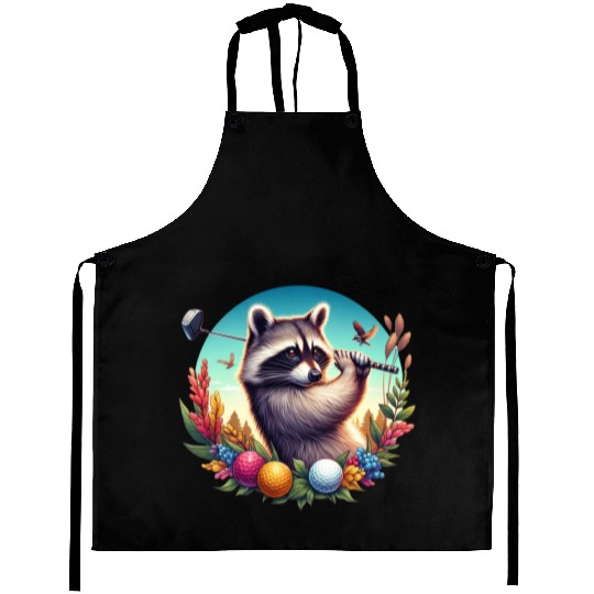 Funny Raccoon Playing Golf Sporty Animal Lover Aprons