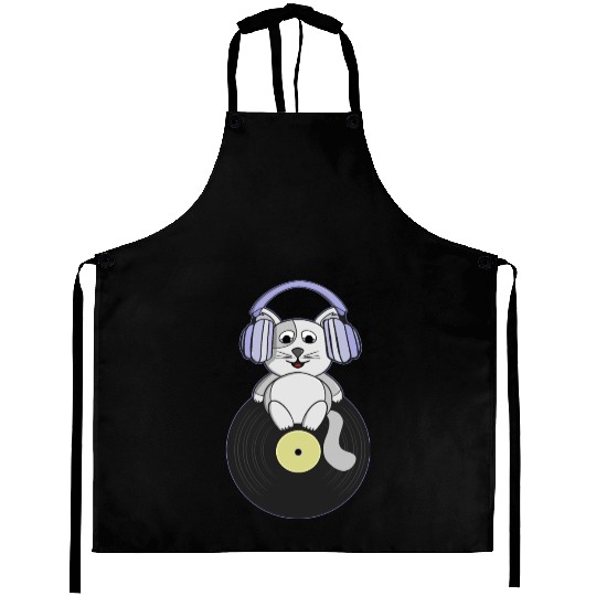 Nostalgic kitten who loves vinyl records Aprons