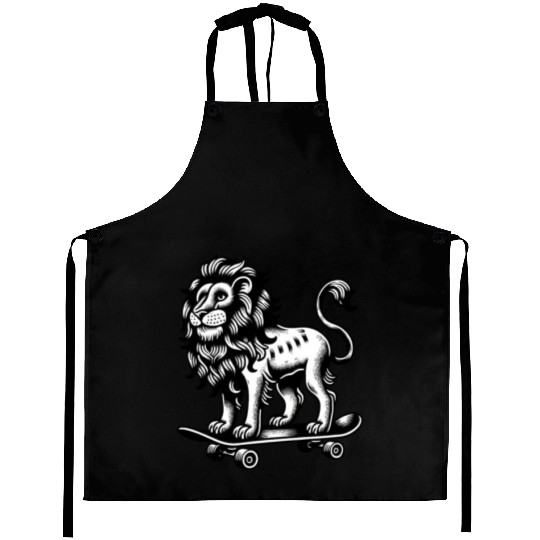 Lion big cat skateboarder classic style black Aprons