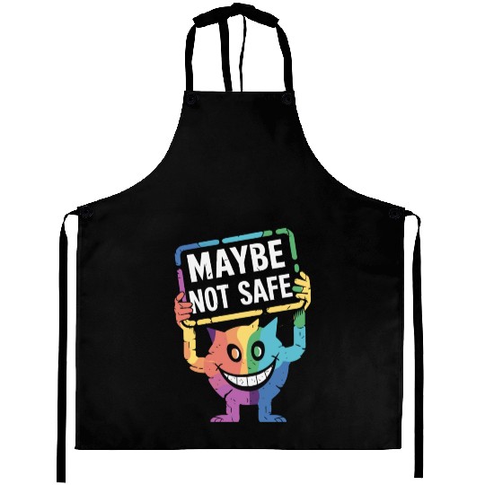 Creepy Rainbow Creature With Maybe Not Safe Sign Aprons