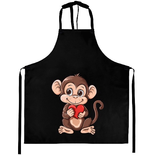 Cute Monkey Holding Red Heart Adorable Animal Aprons