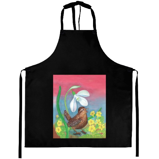 White Snowdrop & Wren Bird in Spring Illustration Aprons