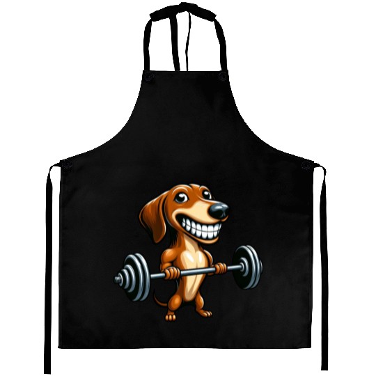 Funny Dachshund with dumbbell dog workout Aprons
