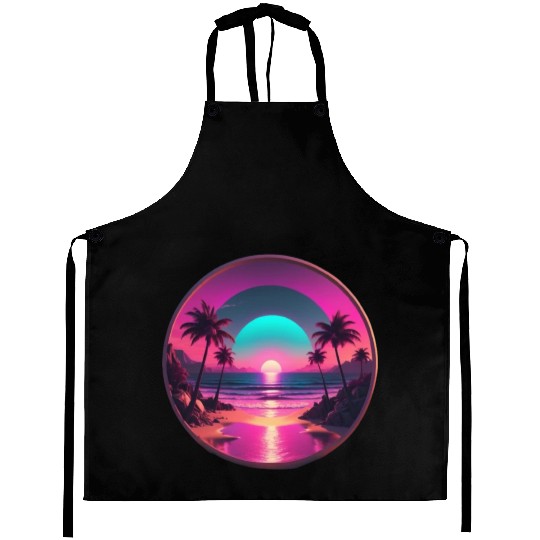 Synthwave Beach Scene with Palm Trees and Sunset Aprons