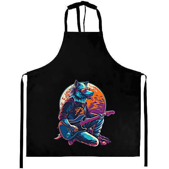 Blue Wolf Moon Guitar Player Retro Sunglasses Aprons