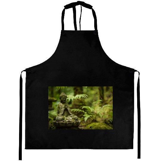 Zen Buddha Statue in Serene Forest Setting Aprons