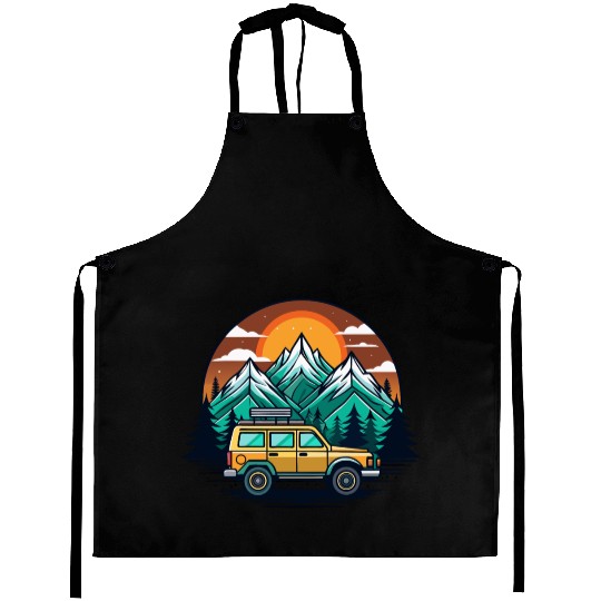 Camper Van parked Lake with Mountains Aprons