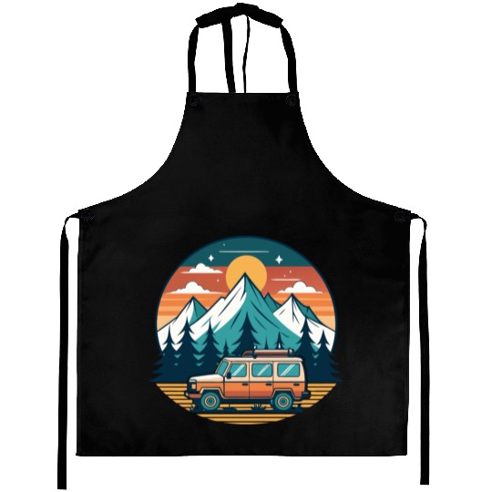 Camper Van parked Lake with Mountains Aprons