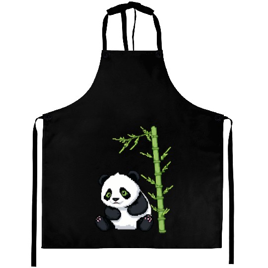 A pixel art of a panda with a bamboo leaf Aprons