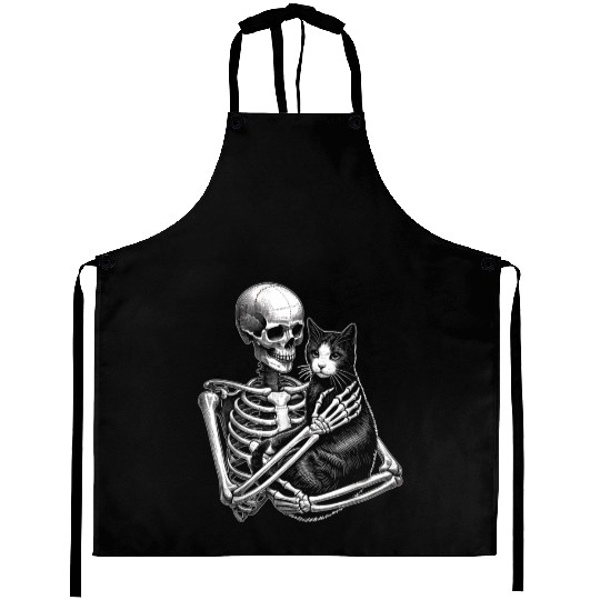 Skeleton Holding A Cat Funny Lazy Halloween Costum Aprons